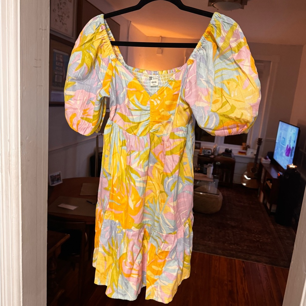 Billabong Pastel Floral Puff-Sleeve Mini Dress - Yellow/Pink/Blue